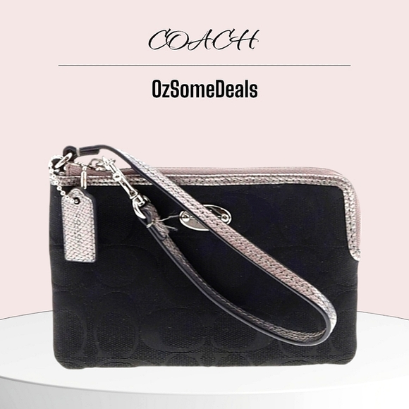 Coach New York Wristlet Black Gray Corner Zip Signa - 1" W, 4.25" H, 6.5" L - Picture 1 of 12